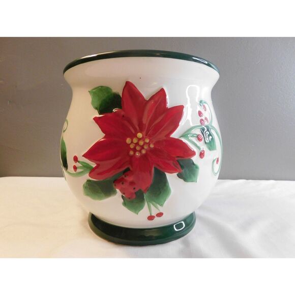 Christmas Poinsettia Ceramic Vintage Cookie Jar NO LID 7 1/2"T x 6 3/4"W - Picture 3 of 7